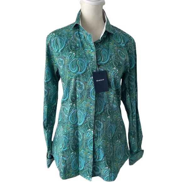 NWT Gant paisley cotton stretch button up blouse size 10 - Picture 1 of 14